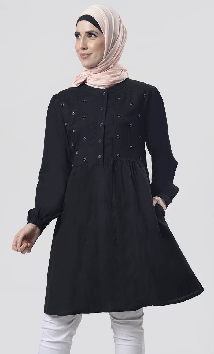 Amazing Black Hand Work Embroidered Front Open Button Tunic - EastEssence.com