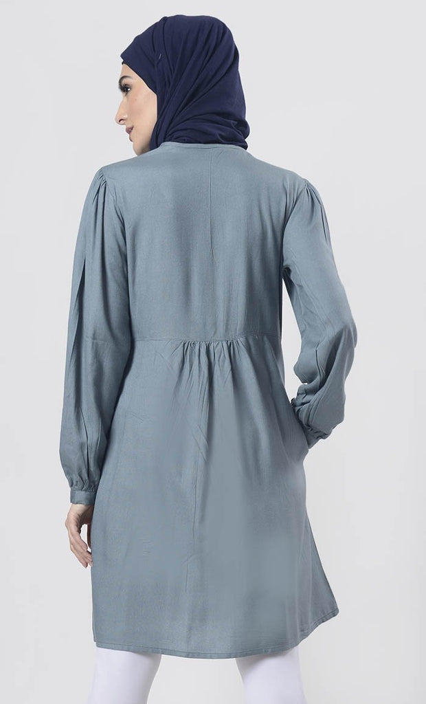 Amazing Grey Hand Work Embroidered Front Open Button Tunic - EastEssence.com