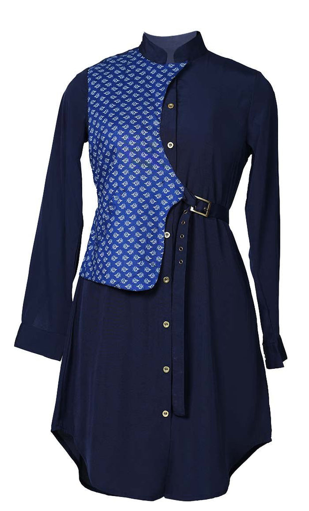 Amazing Half Waist Coat Style Button Down Navy Tunic - EastEssence.com