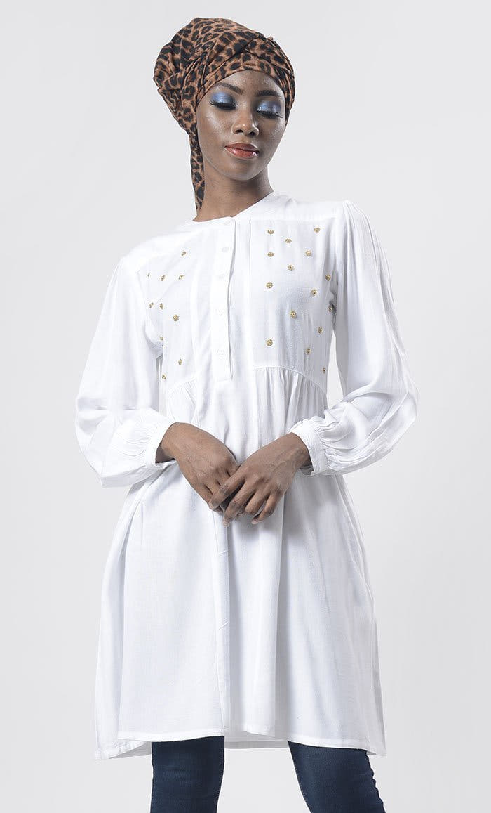 White Hand Work Embroidered Front Open Button Tunic