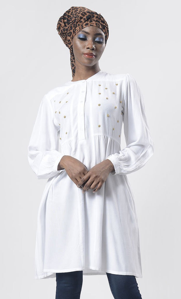 Amazing White Hand Work Embroidered Front Open Button Tunic - EastEssence.com