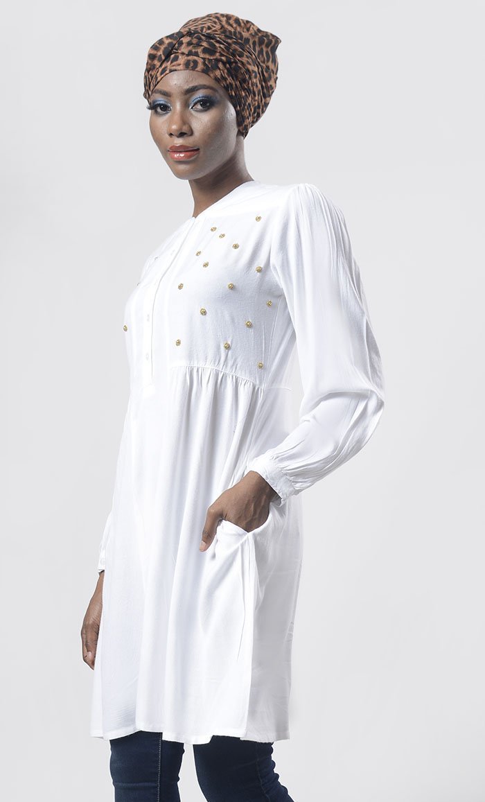 Amazing White Hand Work Embroidered Front Open Button Tunic - EastEssence.com