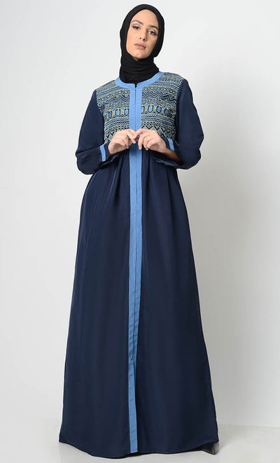 Ancient Motif Embroidered Abaya-Navy - EastEssence.com