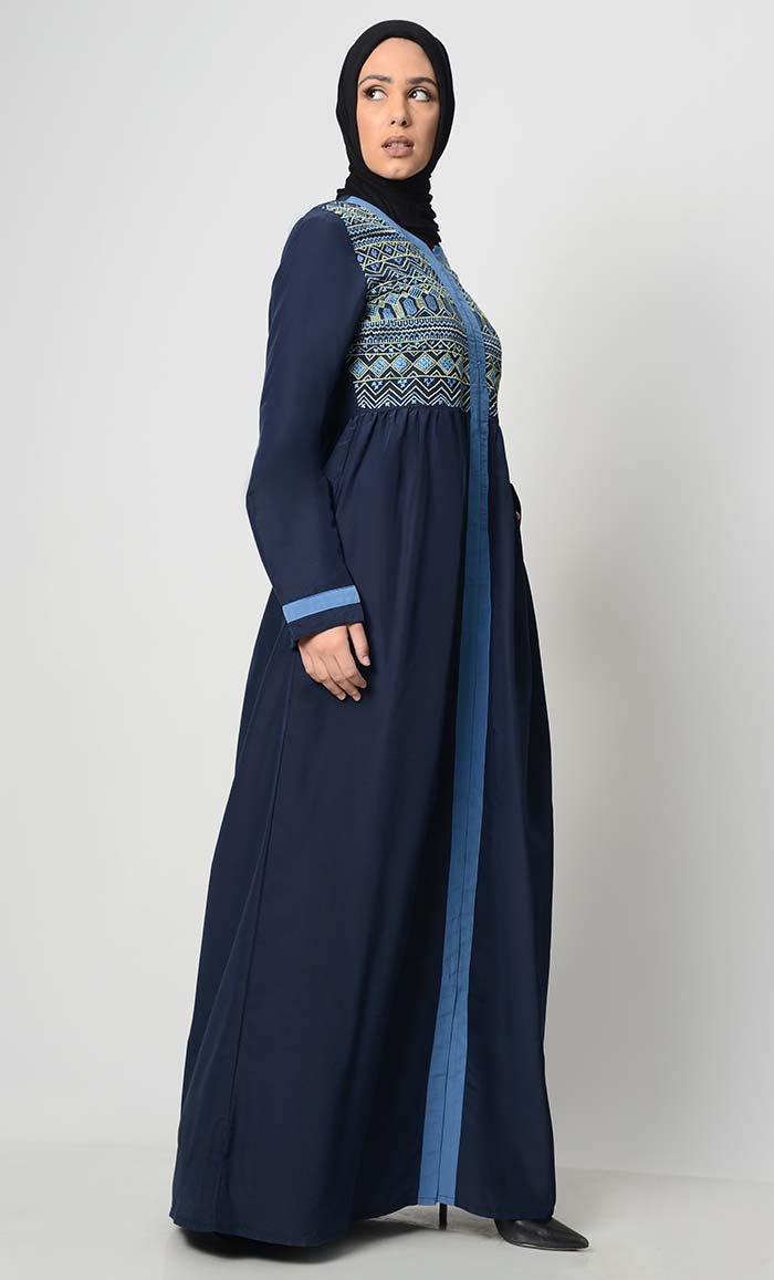 Ancient Motif Embroidered Abaya-Navy - EastEssence.com