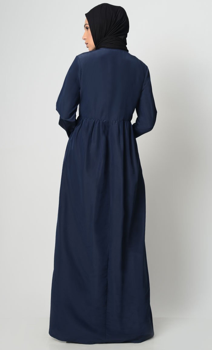 Ancient Motif Embroidered Abaya-Navy - EastEssence.com