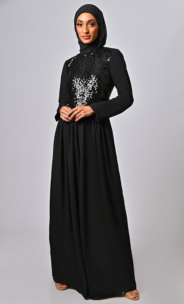 ARABIAN MODEST SEQUINS GEORGETTE DETAILING JUMSUIT ABAYA - EastEssence.com