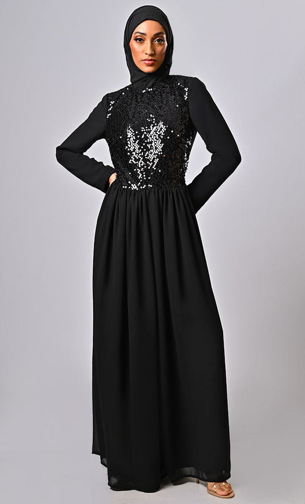 ARABIAN MODEST SEQUINS GEORGETTE DETAILING JUMSUIT ABAYA - EastEssence.com