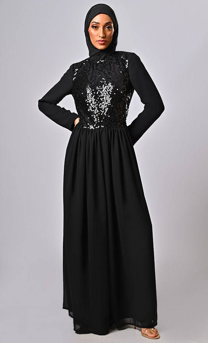 ARABIAN MODEST SEQUINS GEORGETTE DETAILING JUMSUIT ABAYA - EastEssence.com