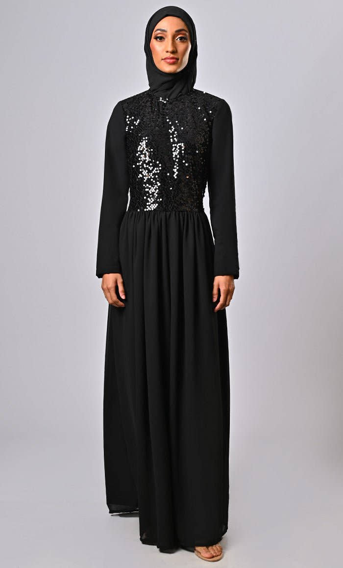 ARABIAN MODEST SEQUINS GEORGETTE DETAILING JUMSUIT ABAYA - EastEssence.com
