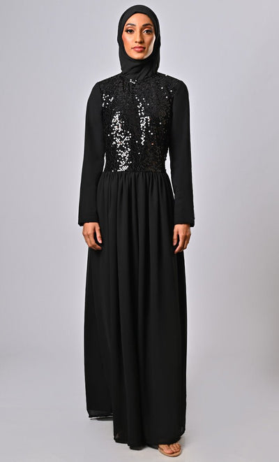 ARABIAN MODEST SEQUINS GEORGETTE DETAILING JUMSUIT ABAYA - EastEssence.com