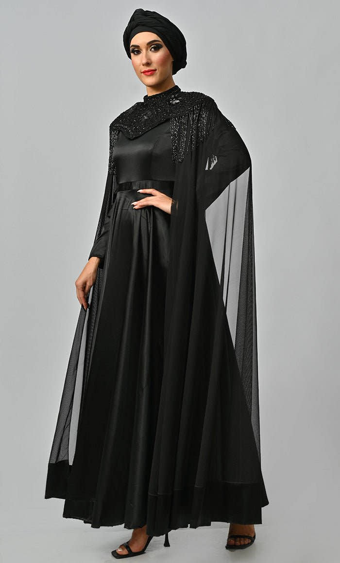 Arabian Queen Hand Embroidered Collar Satin Abaya