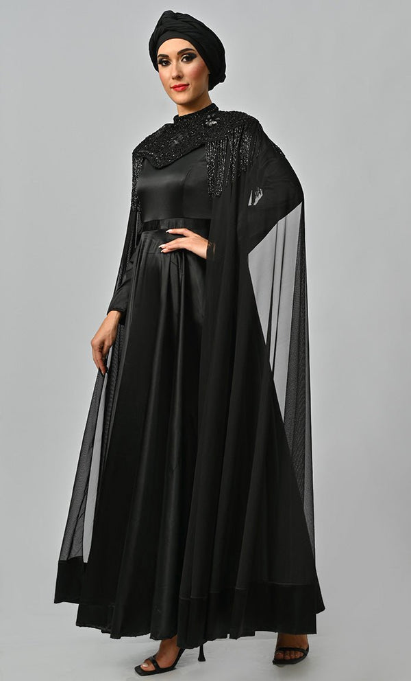 Arabian Queen Hand Embroidered Collar Satin Abaya