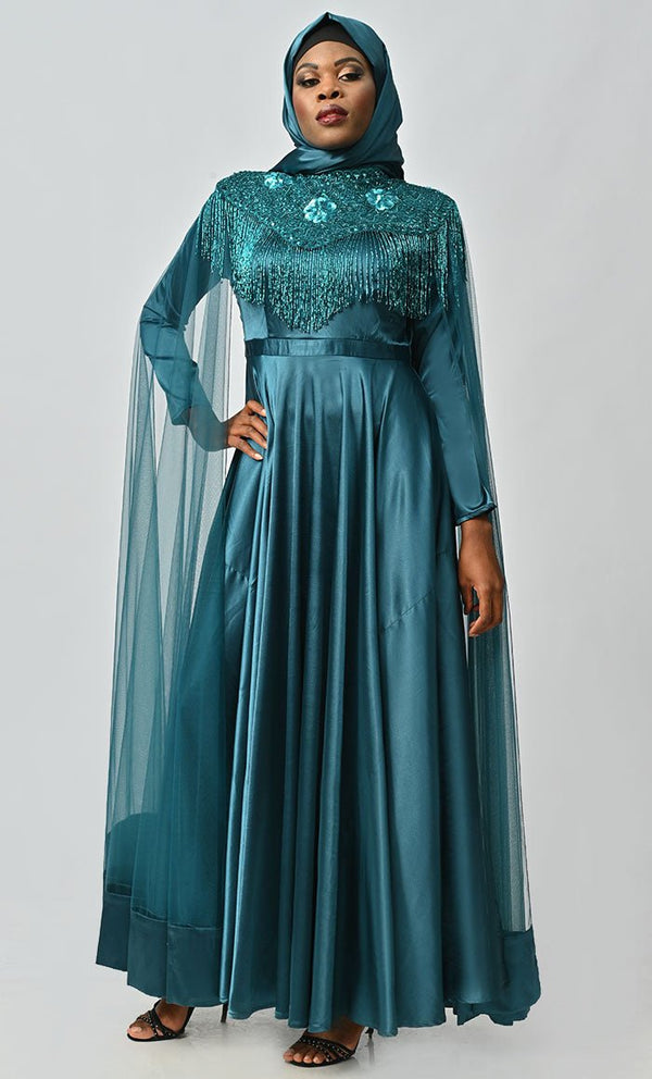 Arabian Queen Hand Embroidered Collar Satin Abaya