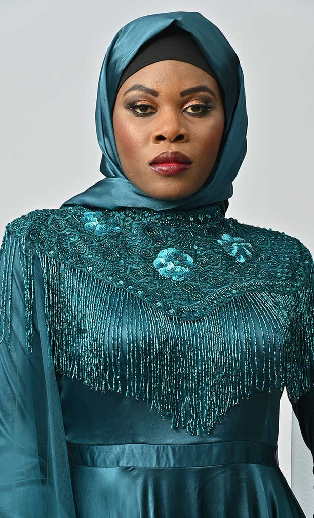 Arabian Queen Hand Embroidered Collar Satin Abaya