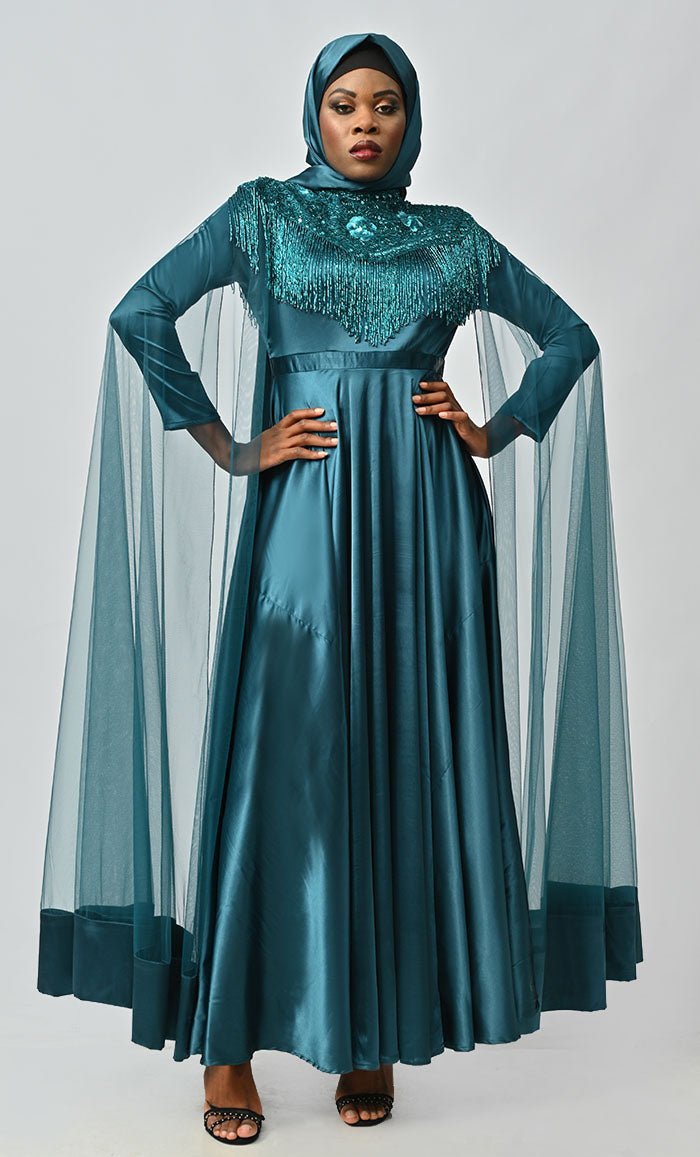 Arabian Queen Hand Embroidered Collar Satin Abaya