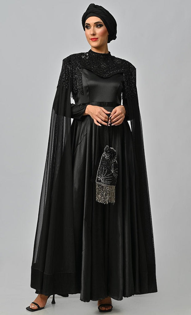 Arabian Queen Hand Embroidered Collar Satin Abaya With Intricate Tassel Details - EastEssence.com