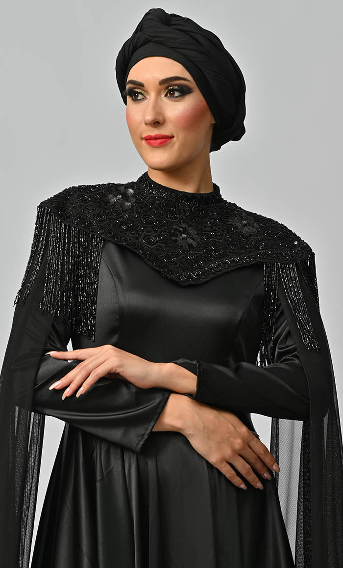 Arabian Queen Hand Embroidered Collar Satin Abaya