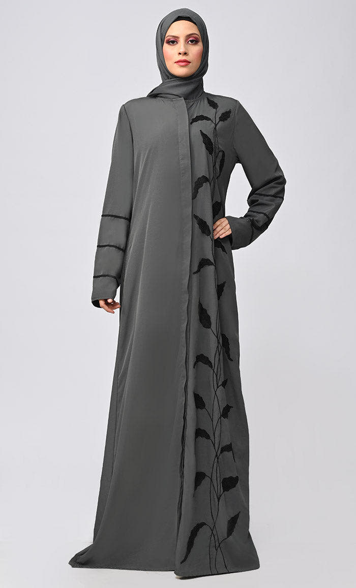 Abaya brodée gris enchanteur avec poches