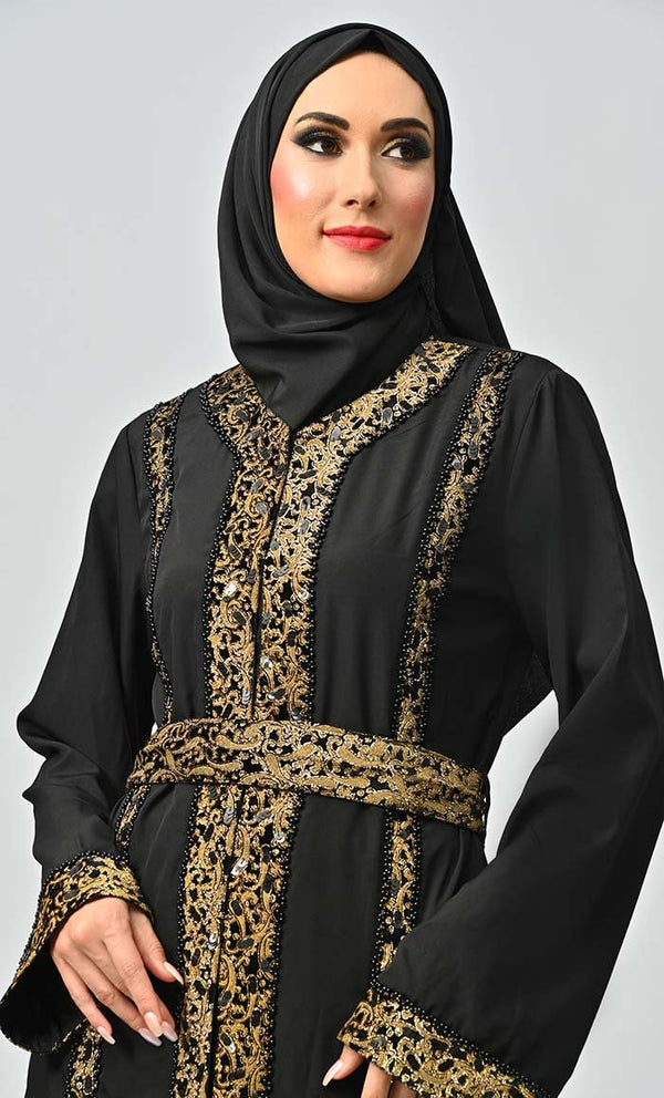 Arabic Moroccan Style Abaya With Hand Embroidery And Lace Detailing - EastEssence.com