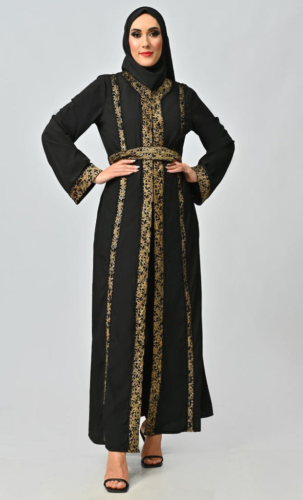 Arabic Moroccan Style Abaya With Hand Embroidery And Lace Detailing - EastEssence.com