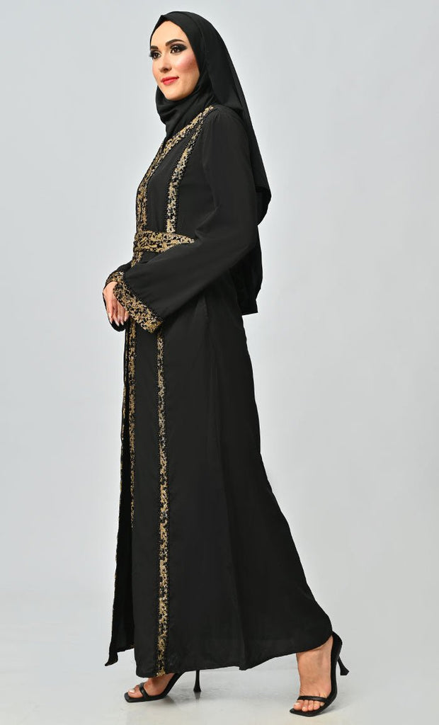 Arabic Moroccan Style Abaya With Hand Embroidery And Lace Detailing - EastEssence.com