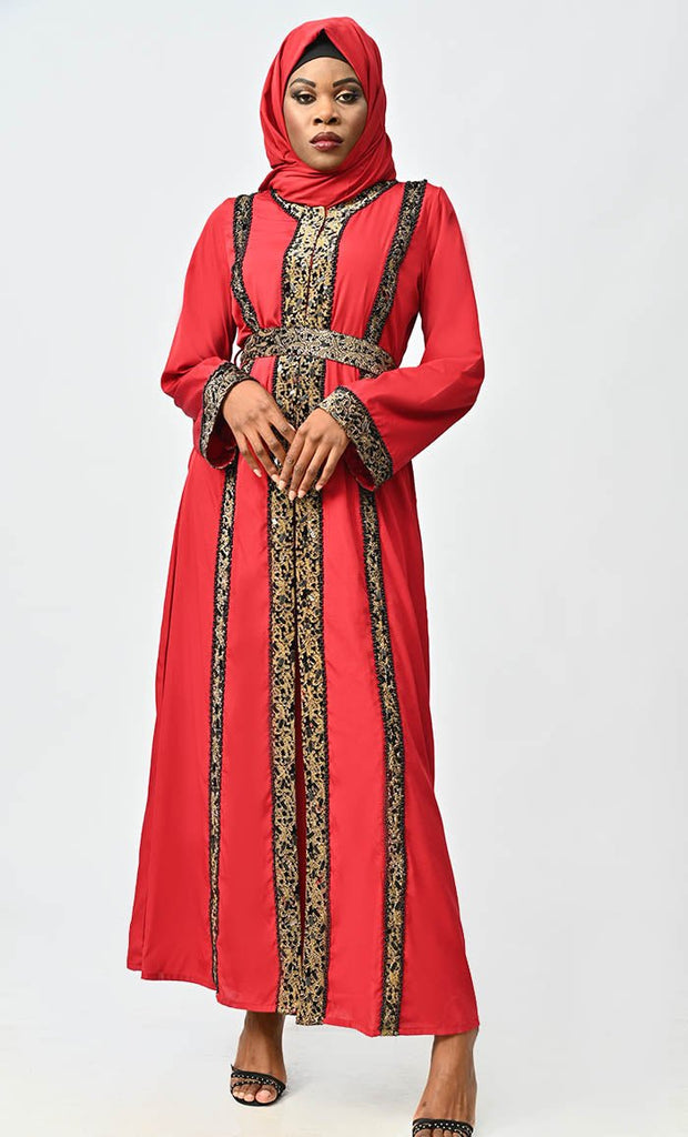 Arabic Women Moroccan Style Abaya With Hand Embroidery And Lace Detailing - EastEssence.com