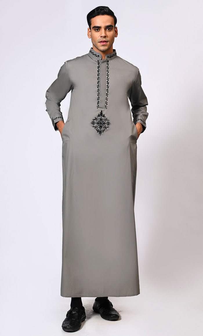 Artisanal Embroidery: Men's Grey Thobe Crafted with Attention to Detail - EastEssence.com