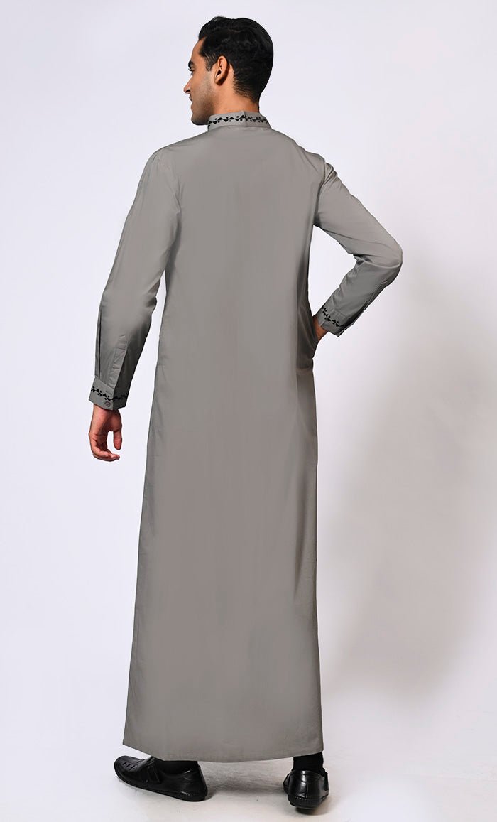 Artisanal Embroidery: Men's Grey Thobe Crafted with Attention to Detail - EastEssence.com