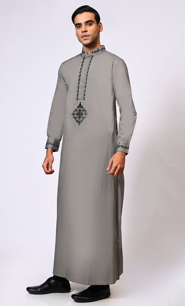 Artisanal Embroidery: Men's Grey Thobe Crafted with Attention to Detail - EastEssence.com