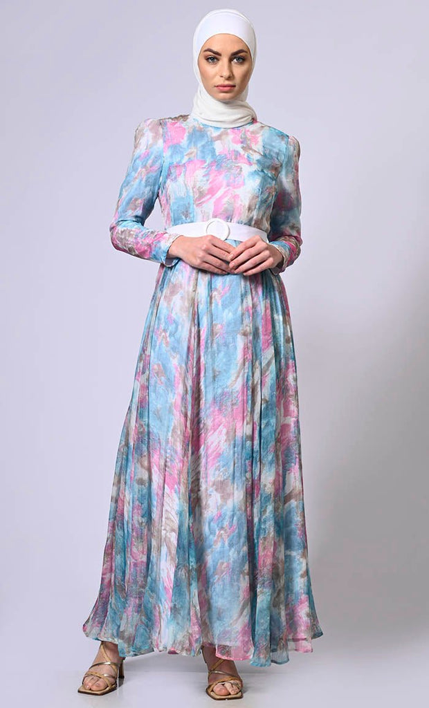 Artistic Flair: Printed Flared Abaya with Belt and Hijab - EastEssence.com