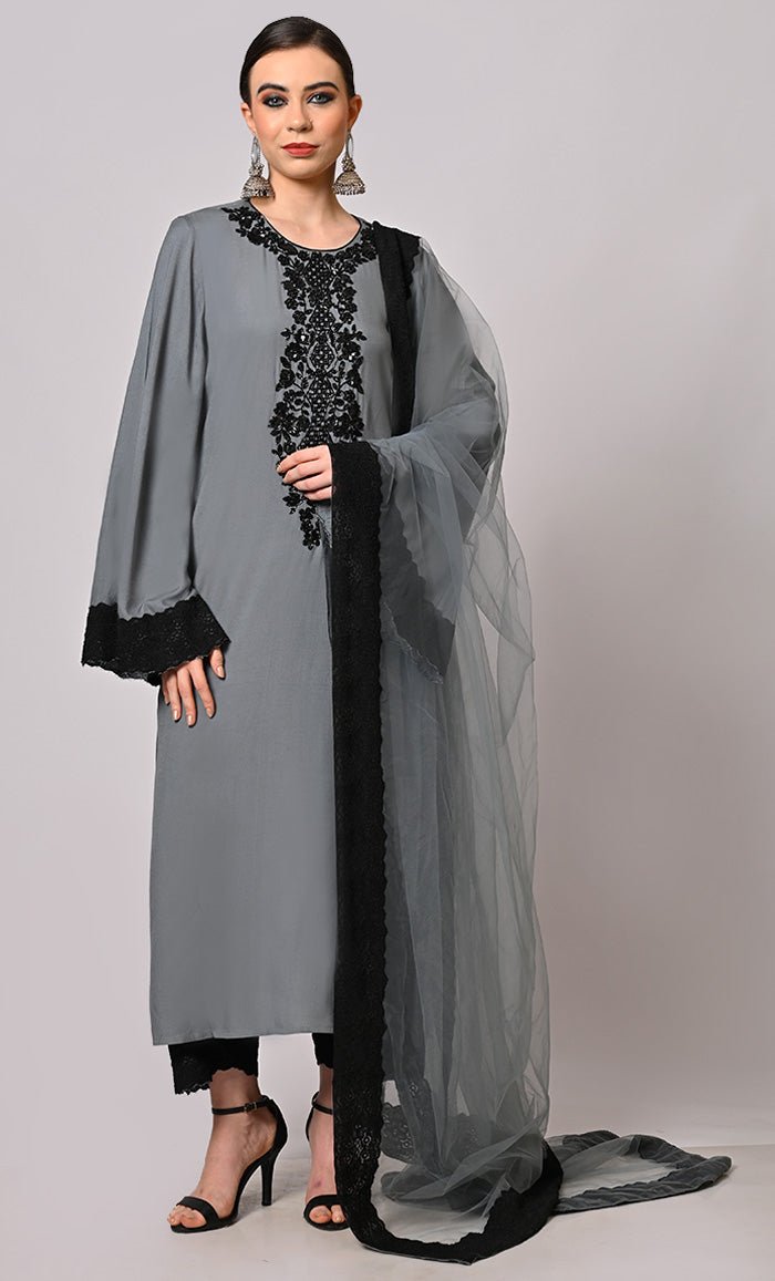 Hand Embroidered Grey Salwar Kameez Set