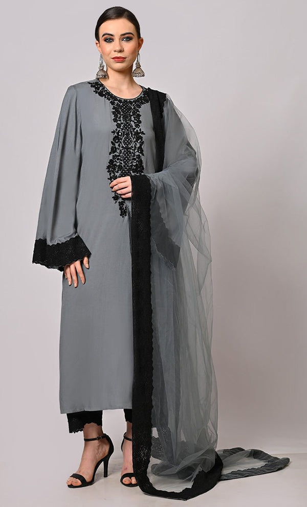 Hand Embroidered Grey Salwar Kameez Set