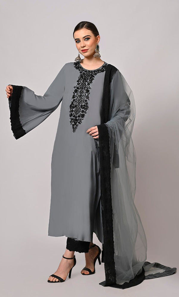 Hand Embroidered Grey Salwar Kameez Set