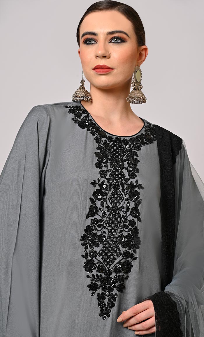 Hand Embroidered Grey Salwar Kameez Set
