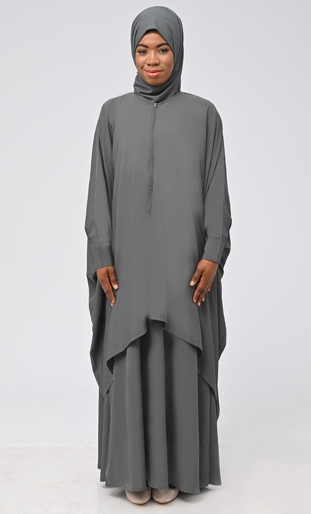 Asr Modest Grey Double Layer Prayer Dress For Women (2Pcset +Hijab ) - EastEssence.com