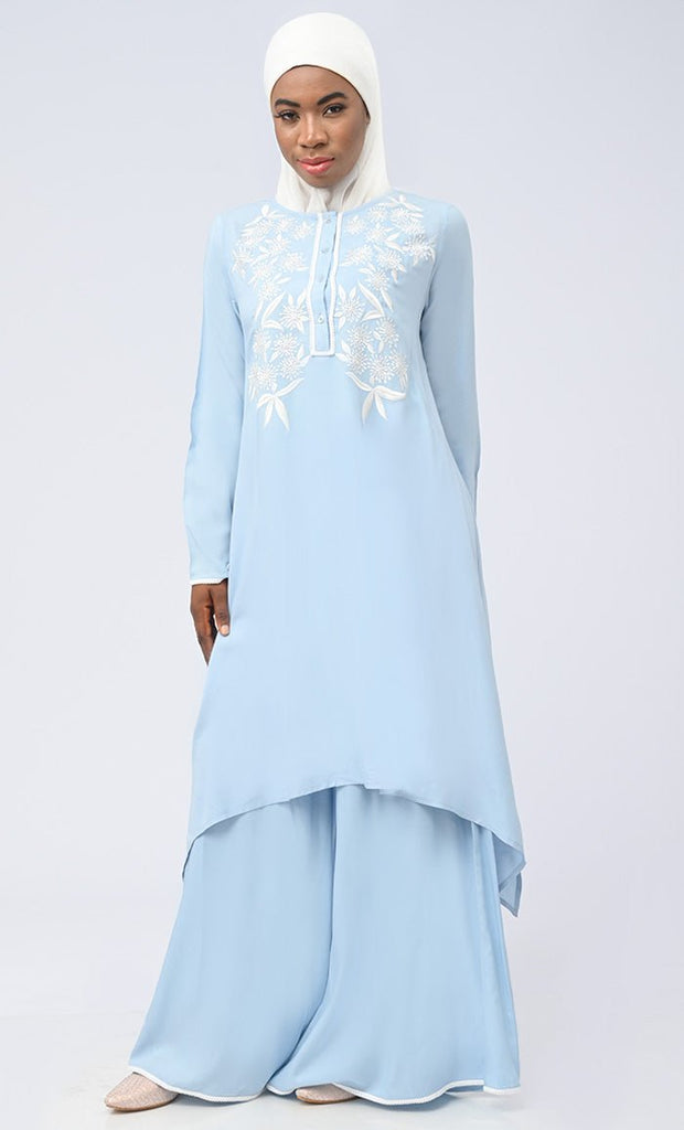 Azraq Modest Islamic Embroidered Set With Hijab And Pockets - EastEssence.com
