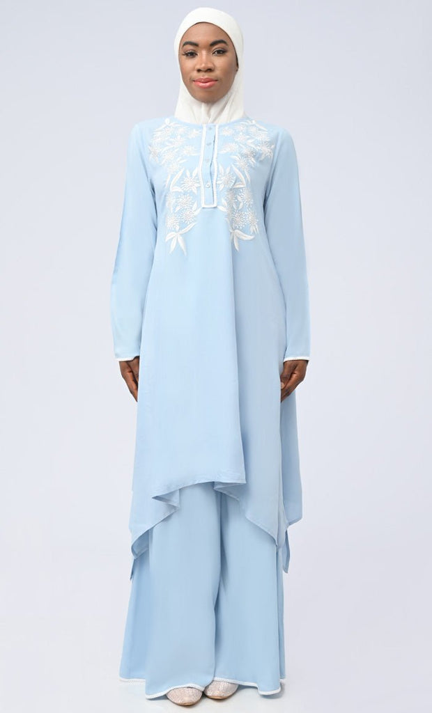Azraq Modest Islamic Embroidered Set With Hijab And Pockets - EastEssence.com