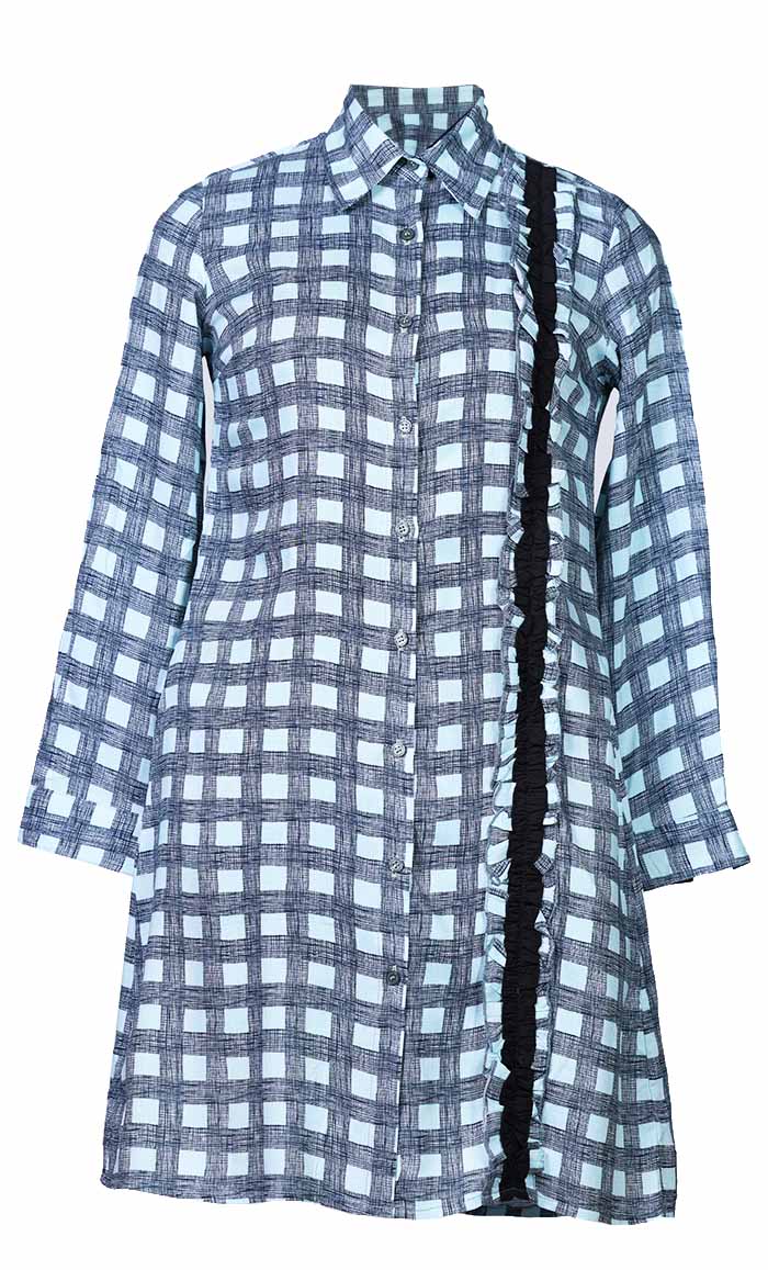 Basic Blue Check Printed Button Down Tunic - EastEssence.com