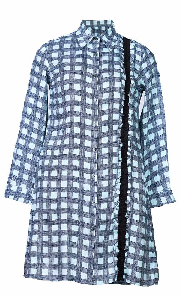 Basic Blue Check Printed Button Down Tunic - EastEssence.com