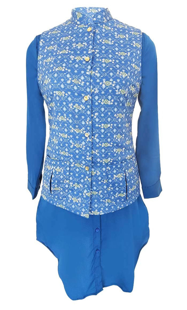 Basic Blue Printed Waist Coat Style Jacket With Contrasted Tunic - EastEssence.com