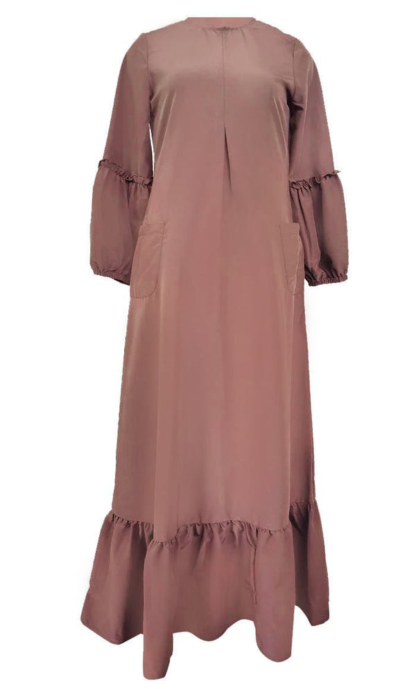 Basic Brown Kashibo Ruffle Detailing Sleeves Abaya - EastEssence.com