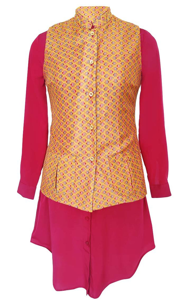Basic Comfortable Abstract Printed Waist Coat Style Jacket With Contrasted Tunic - EastEssence.com
