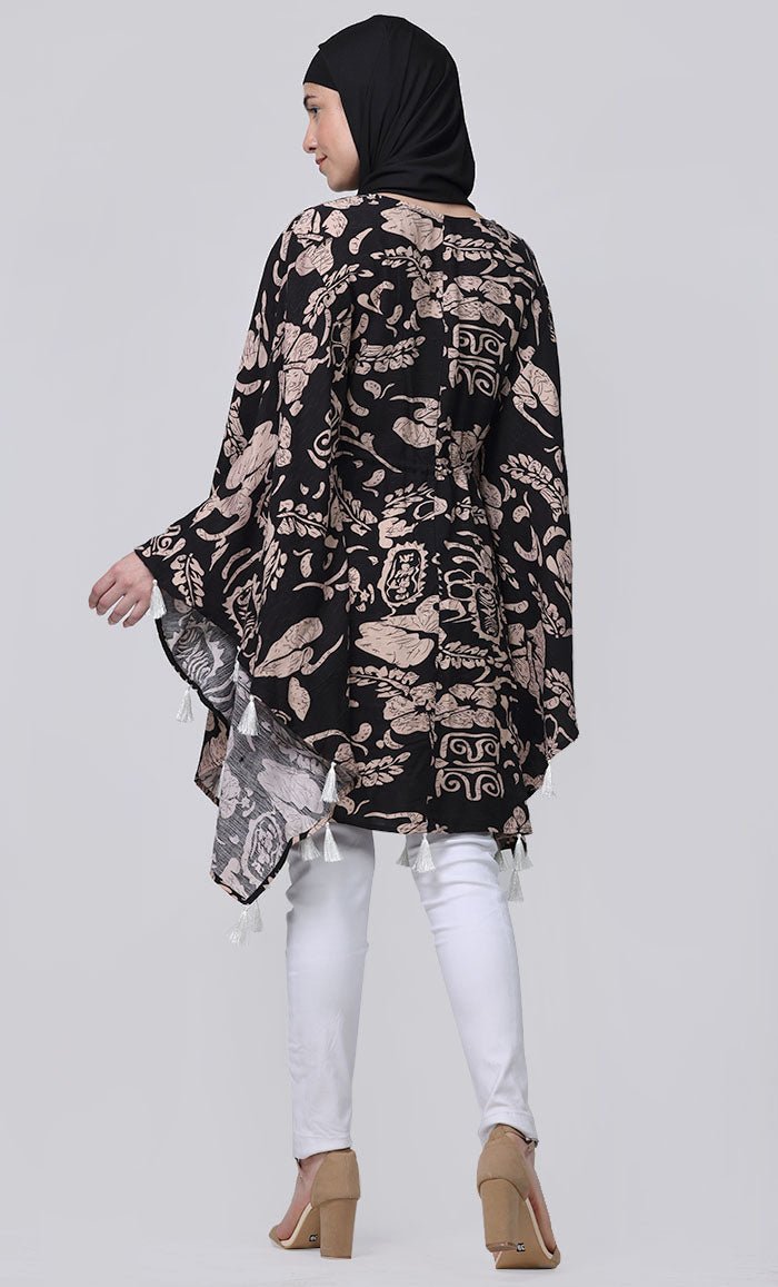 Basic Everyday Wear Printed Floral Tunic With Contrasted Tessels And Dori - EastEssence.com