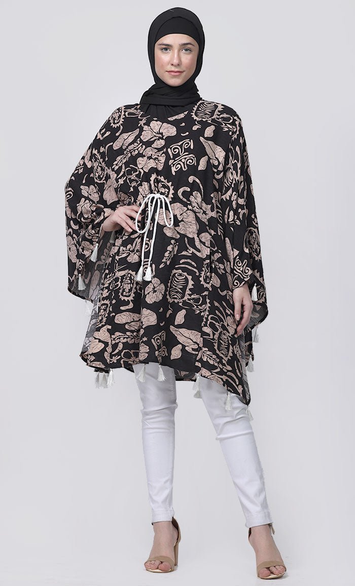 Basic Everyday Wear Printed Floral Tunic With Contrasted Tessels And Dori - EastEssence.com