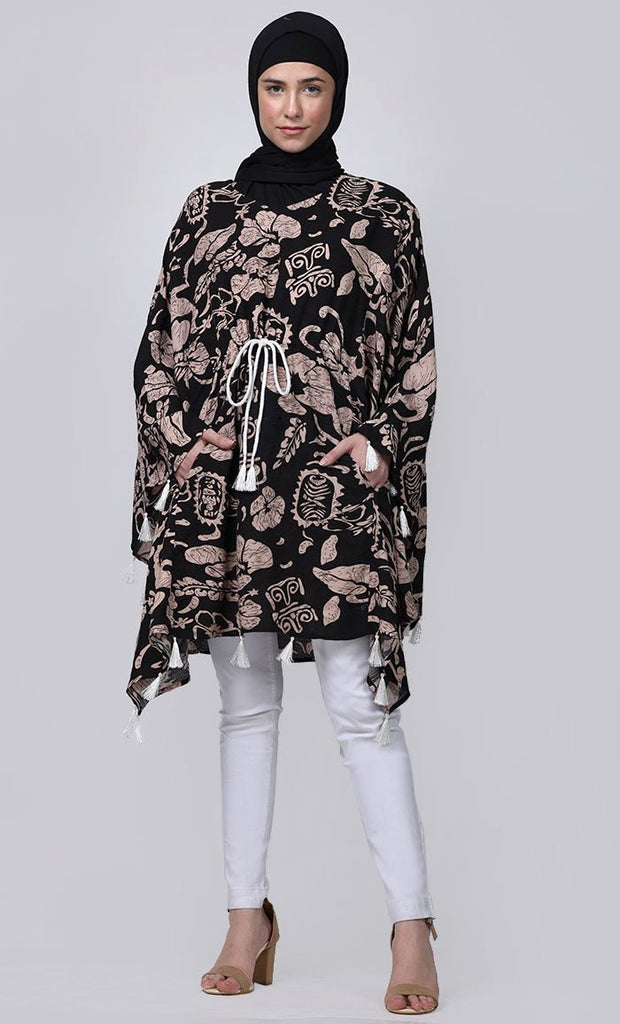 Basic Everyday Wear Printed Floral Tunic With Contrasted Tessels And Dori - EastEssence.com
