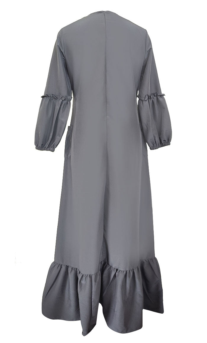 Basic Grey Kashibo Ruffel Detailing Sleeves Abaya - EastEssence.com