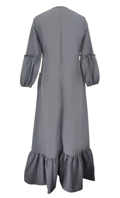 Basic Grey Kashibo Ruffel Detailing Sleeves Abaya - EastEssence.com