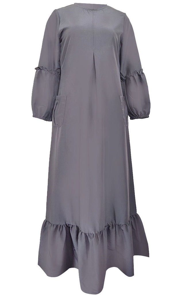 Basic Grey Kashibo Ruffel Detailing Sleeves Abaya - EastEssence.com