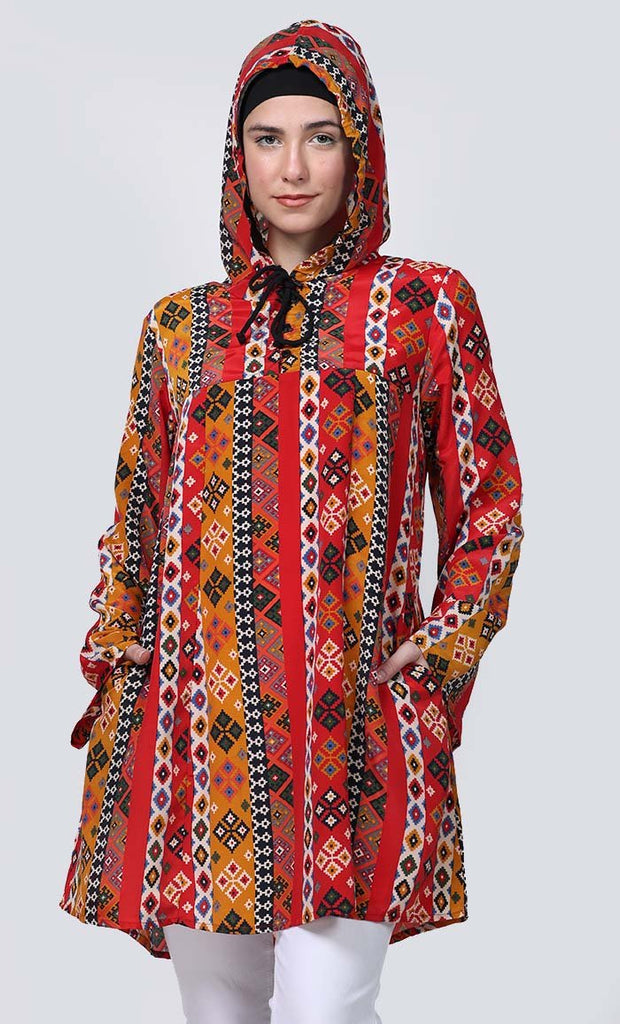 Basic Hoodie Contrast Abstract Printed Tunic With Pockets - EastEssence.com