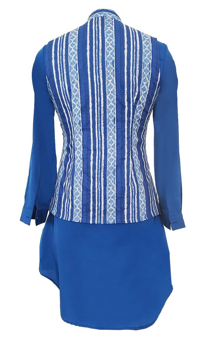 Basic Light Sky Blue Printed Waist Coat Style Jacket With Contrasted Tunic - EastEssence.com